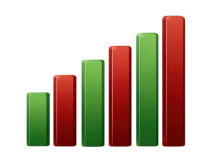 Green and red bar graph icon straight side 3D style isolated on transparent background financial data business growth modern digital low resolution vertical bars