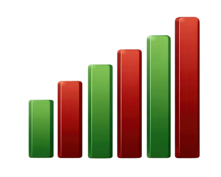 Green and red bar graph icon straight side 3D style isolated on transparent background financial data business growth modern digital low resolution vertical bars