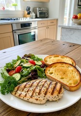 Delicious grilled chicken fillet served with a fresh garden salad and crispy toast for a healthy and balanced meal at home