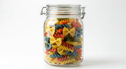 A vibrant assortment of colorful uncooked pasta, including fusilli and farfalle shapes, is neatly stored in a clear glass canning jar with a hinged lid