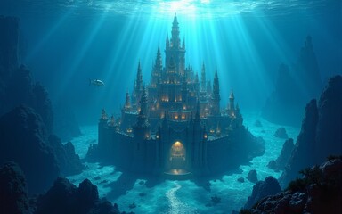 Magnificent underwater city in glowing aquamarine realm fantastical submerged metropolis in shimmering ocean depths. Sapphire Ocean Depths. Illustration. High quality
