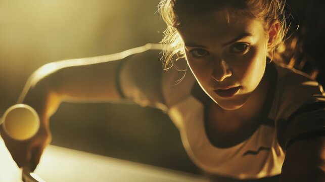 Intense determination portrait of a female table tennis player ready for action