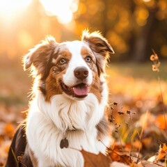 A charming dog enjoying the golden hour. This captivating portrait showcases a beautiful canine amidst a vibrant autumn backdrop, capturing its playful spirit and soulful gaze.