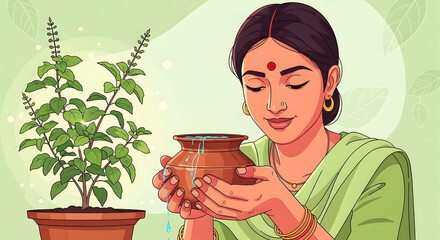 Hindu woman performing tulsi puja with sacred basil plant vector illustration