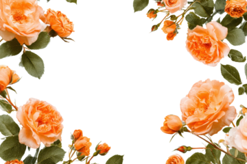 Orange flower frame. Beautiful flower border isolated on transparent background. Template mockup from blooming roses. Summer spring design elements. PNG