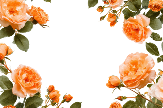 Orange flower frame. Beautiful flower border isolated on transparent background. Template mockup from blooming roses. Summer spring design elements. PNG