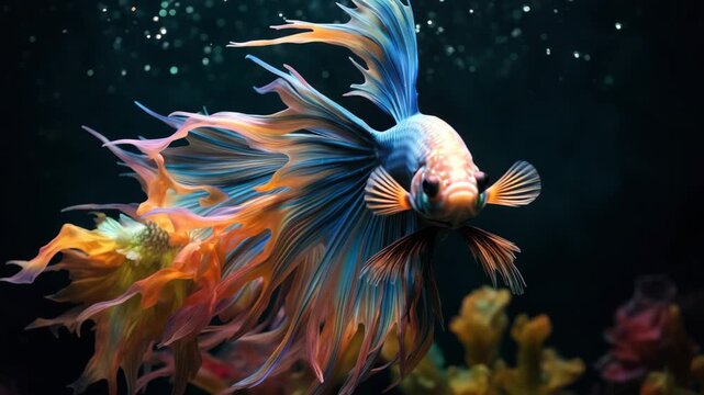 Vibrant betta fish in a side view, showcasing flowing fins. Captured in a dynamic underwater scene, perfect for a nature-themed video backdrop. Live desktop wallpaper.