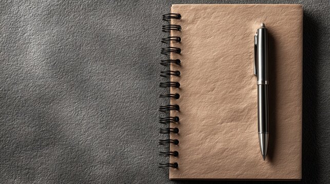 Brown spiral notebook with a metallic pen on dark textured background, symbolizing office, study, and note - taking with minimalist elegance.