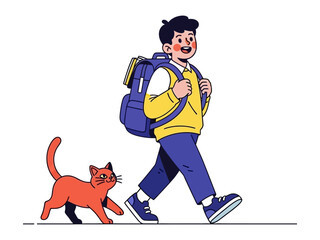 Going to school together: A cheerful schoolboy confidently strides forward, his loyal feline companion trotting closely beside him, evoking a sense of companionship.