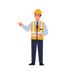A smiling male construction worker wearing a hard hat and safety vest points to the left, representing safety and guidance in the industry.