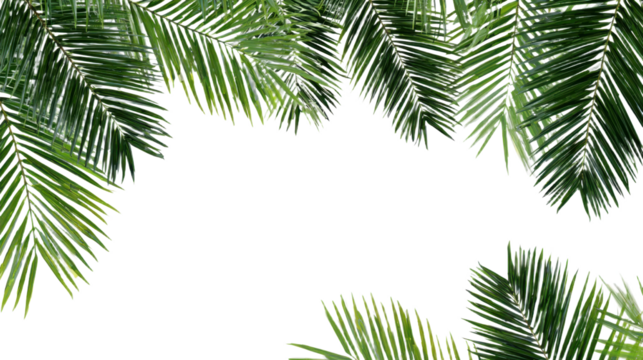 Natural green palm leaf isolated on white background. Tropical coconut palm branches with shadow. Evergreen plant foliage, clip art for summer design elements, cut out, PNG