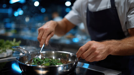 An experienced chef expertly stirs ingredients in a stainless steel pan, showcasing culinary skills and the artistry of modern cooking in a bustling kitchen environment.