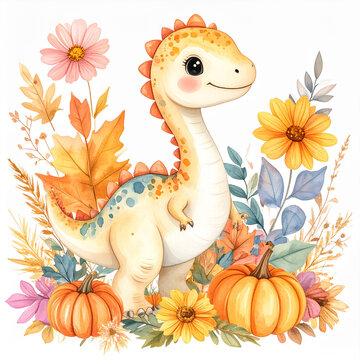 Cute baby dinosaur with pumpkins and autumn flowers watercolor illustration
