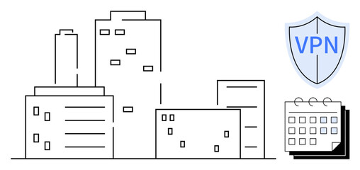 Outline of office buildings next to a VPN security shield and a calendar. Ideal for cybersecurity, remote work, corporate security, scheduling, business planning, urban infrastructure, simple flat
