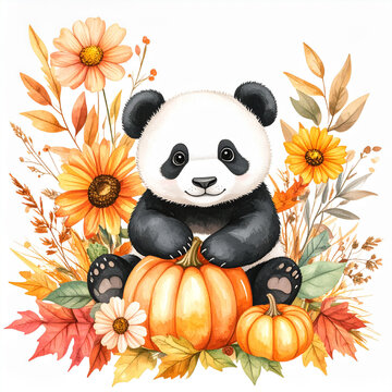 Cute baby panda with pumpkins and autumn flowers watercolor illustration