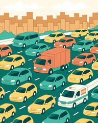 Traffic Jam Illustration: A vibrant illustration of a city highway at a standstill, filled with colorful vehicles of varying types amid urban sprawl, and a sense of gridlock.