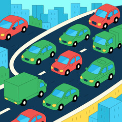 Fototapeta premium Colorful Urban Commute: Illustrative view of a road teeming with diverse vehicles driving along an urban road amid a city landscape, the cars forming a colorful mosaic of movement