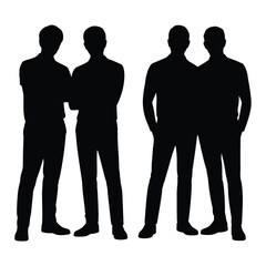 Two pairs of silhouetted men standing together