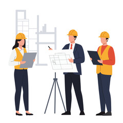 A professional team of architects and engineers, wearing protective hard hats and vests, collaboratively reviewing blueprints for a new construction project on site.