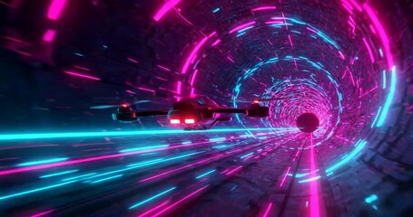 Futuristic Drone Racing Through Neon Tunnel - Powered by Adobe