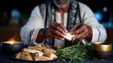 An inviting scene of hands breaking a loaf of bread, surrounded by flickering candlelight and fresh herbs, encapsulating the warmth of sharing and togetherness.