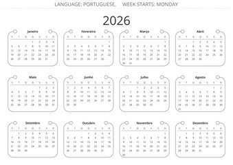 PORTUGUESE calendar for 2026 year. Simple modern vector illustration Portugal