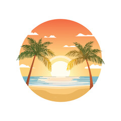 Fototapeta premium Tropical beach sunset with palm trees and ocean waves vector illustration