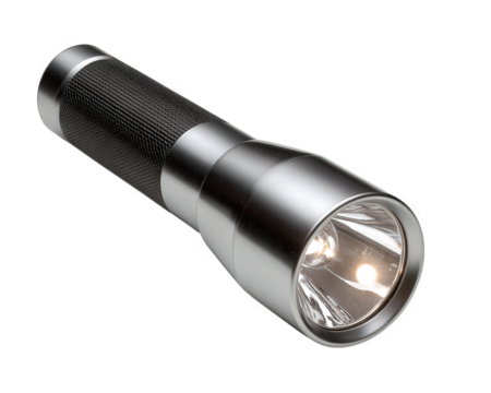 Flashlight rechargeable utility tool metallic handheld portable black silver bright emergency isolated modern durable outdoor equipment battery illumination safety compact grip light device