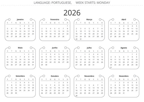 PORTUGUESE calendar for 2026 year. Simple modern vector illustration Portugal