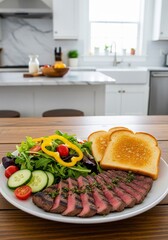 Delicious grilled steak with a fresh side salad and buttered toast, perfect for a satisfying meal.