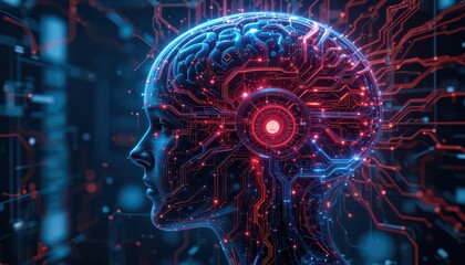 Stylized human head with brain and circuit board patterns in blue and red neon lights