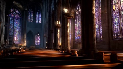 A grand interior shot of a cathedral, filled with stained glass windows and warm, inviting light. - Powered by Adobe