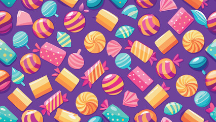 Colorful assorted candies scattered on a purple background seamless pattern candy sweets
