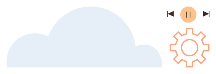 Cloud shape alongside media control buttons and a gearwheel for settings. Ideal for technology, cloud storage, media management, software settings, user interface, data synchronization, simple flat