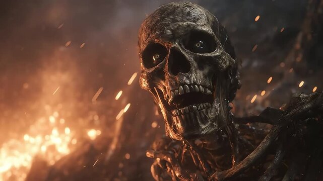 Screaming Skeleton Close-Up in Fire and Smoke &ndash; Cinematic Horror Scene