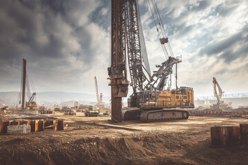Large tower foundation construction site, heavy equipment digging and lifting materials