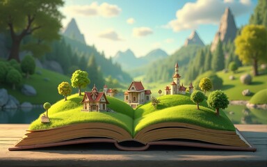 A fantastical moment as a book opens, and 3D meadows, cities, and rolling hills rise from the pages. High quality