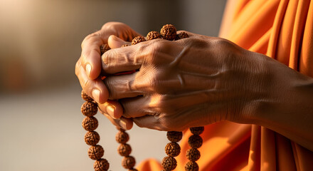 Hands of monk holding rudraksha mala beads during meditation symbol of hindu spirituality and indian religious tradition