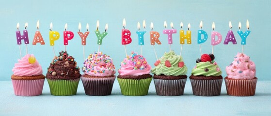 The colorful birthday cupcakes with candles and festive decorations on display.