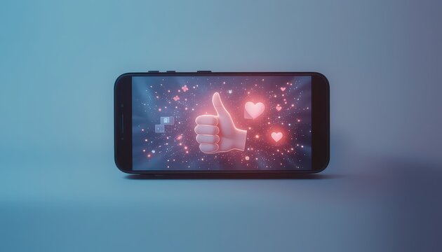 Smartphone displaying a thumbs up icon with hearts and pixelated effects on a blue background
