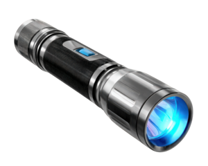 Black metal flashlight blue light beam portable torch outdoor equipment emergency tool isolated on transparency background modern design durable handheld essential for camping