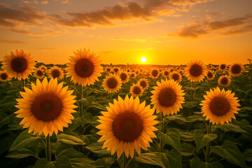 Obraz premium Sunflower field at sunset with vibrant yellow blooms and warm colors