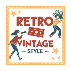 Retro Style Illustration with Man, Camera and Boombox.