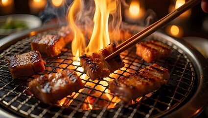 Delicious sizzling meat cooking on a hot barbecue grill with flames