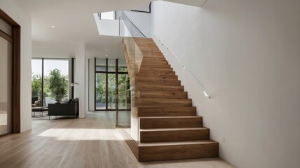 Skylight Illuminates a Contemporary Wooden Staircase with a Sleek Glass Balustrade