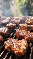 Sizzling grilled meat patties with perfect char marks cooking on a barbecue grill, releasing aromatic smoke in a sunny outdoor setting with soft green background