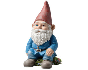 Garden gnome statue with red hat blue coat white beard sitting on grass with flowers cheerful expression fantasy decor outdoor ornament whimsical style