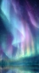 Colorful aurora borealis with reflection on water