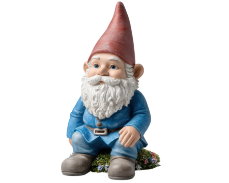 Garden gnome statue with red hat blue coat white beard sitting on grass with flowers cheerful expression fantasy decor outdoor ornament whimsical style