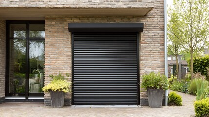Closed Security Shutter on Residential Building Exterior with Garden View